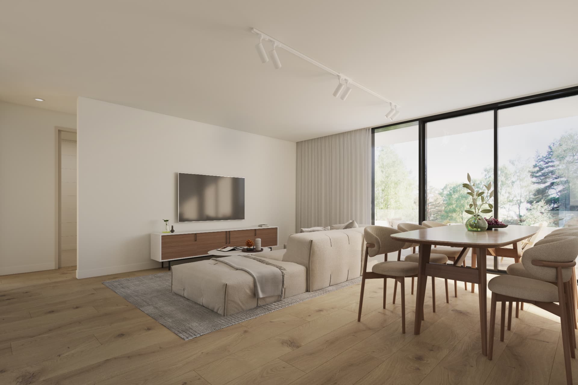 Interior render of an open plan living and dining space